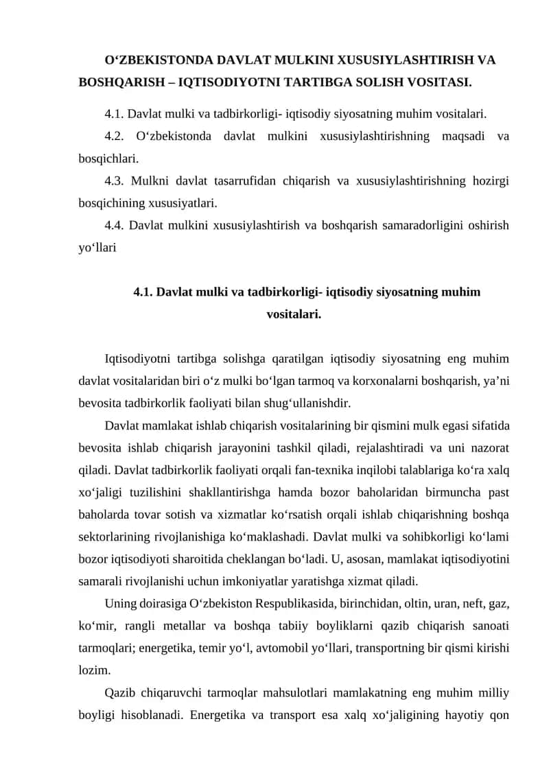 O‘ZBEKISTONDA DAVLAT MULKINI XUSUSIYLASHTIRISH VA BOSHQARISH – IQTISODIYOTNI TARTIBGA SOLISH VOSITASI