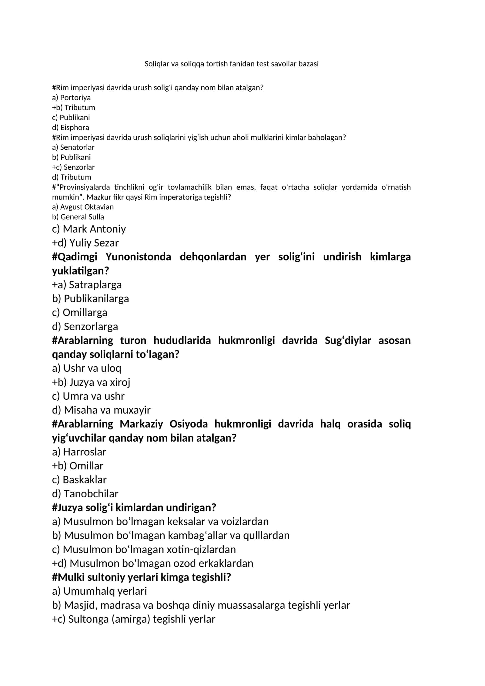 Soliqlar va soliqqa tortish fanidan test savollar bazasi