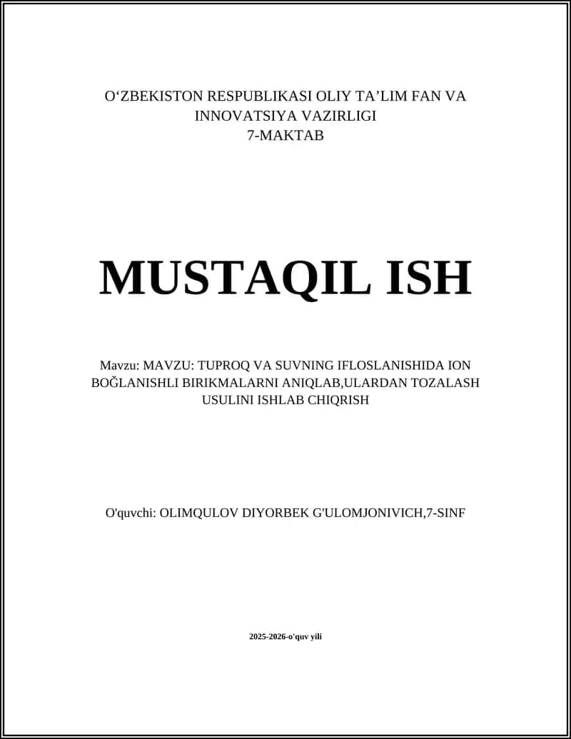 Tuproq va suvning ifloslanishida ion bog'lanishli birikmalarni tayyorlash va saqlash protokollari