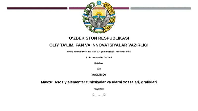 Asosiy elementar funksiyalar va ularni xossalari, grafiklari