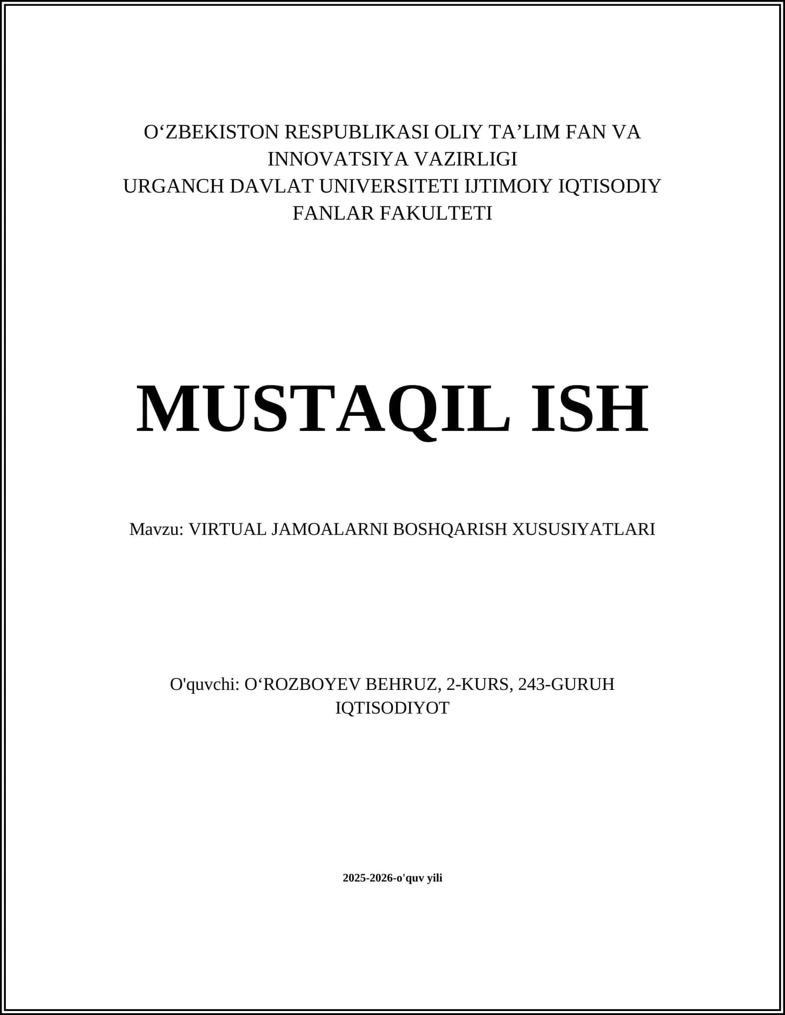 VIRTUAL JAMOALARNI BOSHQARISH XUSUSIYATLARI