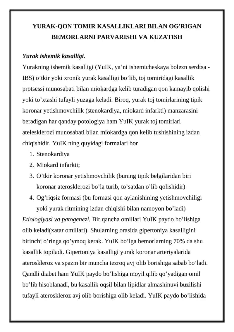 Yurak-Qon Tomir Kasalliklari Bilan Og'rigan Bemorlarni Parvarishi va Kuzatish