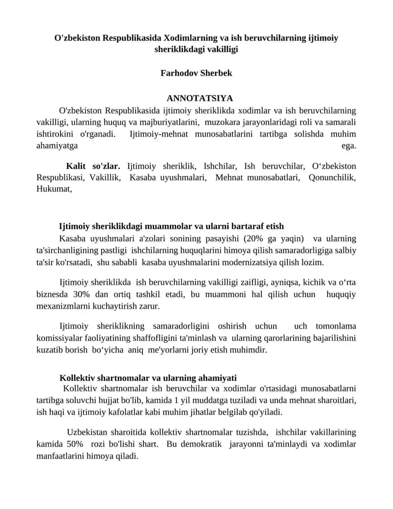 Xodimlarning va ish beruvchilarning ijtimoiy sheriklikdagi vakilligi