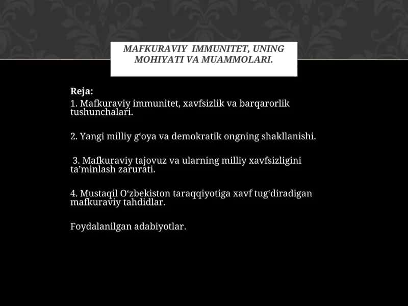 MAFKURAVIY IMMUNITET, UNING MOHIYATI VA MUAMMOLARI.