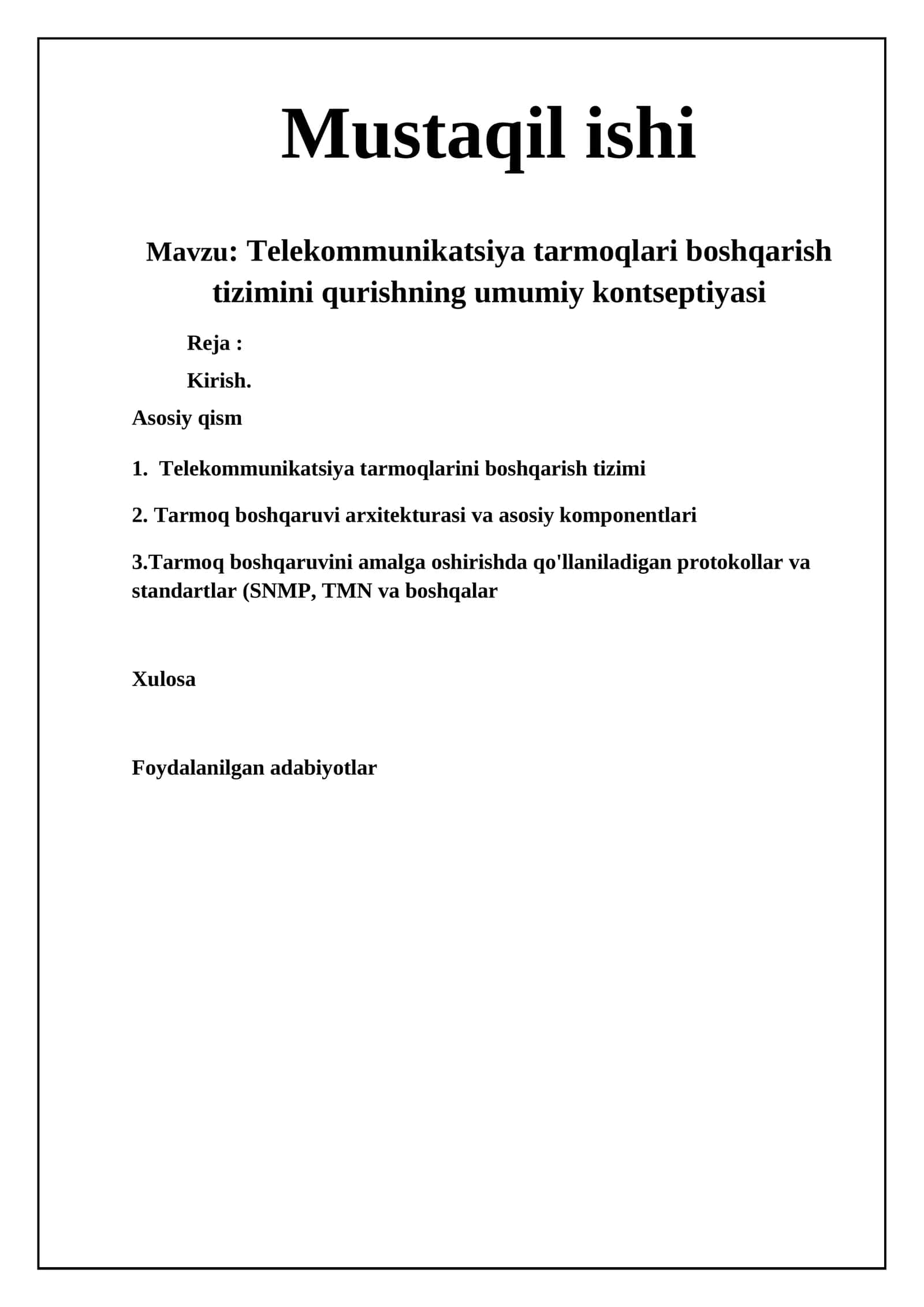 Telekommunikatsiya tarmoqlari boshqarish tizimini qurishning umumiy kontseptiyasi