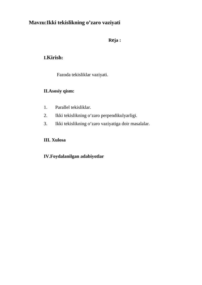 Ikki tekislikning o’zaro vaziyati