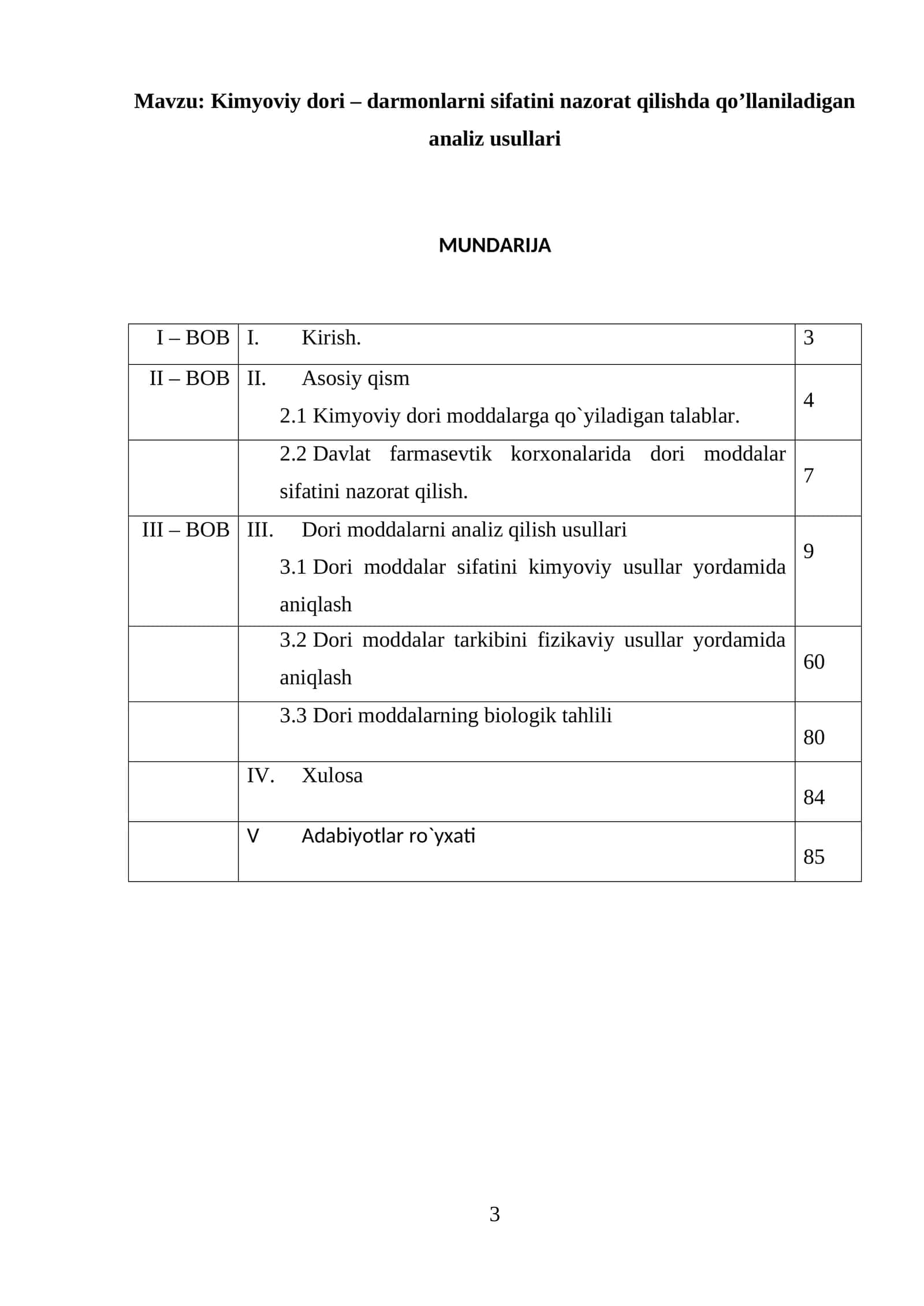 Kimyoviy dori – darmonlarni sifatini nazorat qilishda qo’llaniladigan analiz usullari
