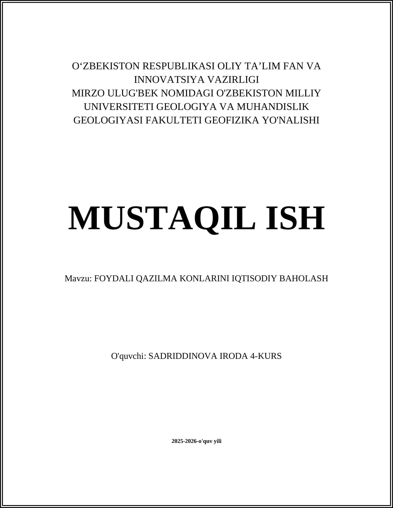 FOYDALI QAZILMA KONLARINI IQTISODIY BAHOLASH