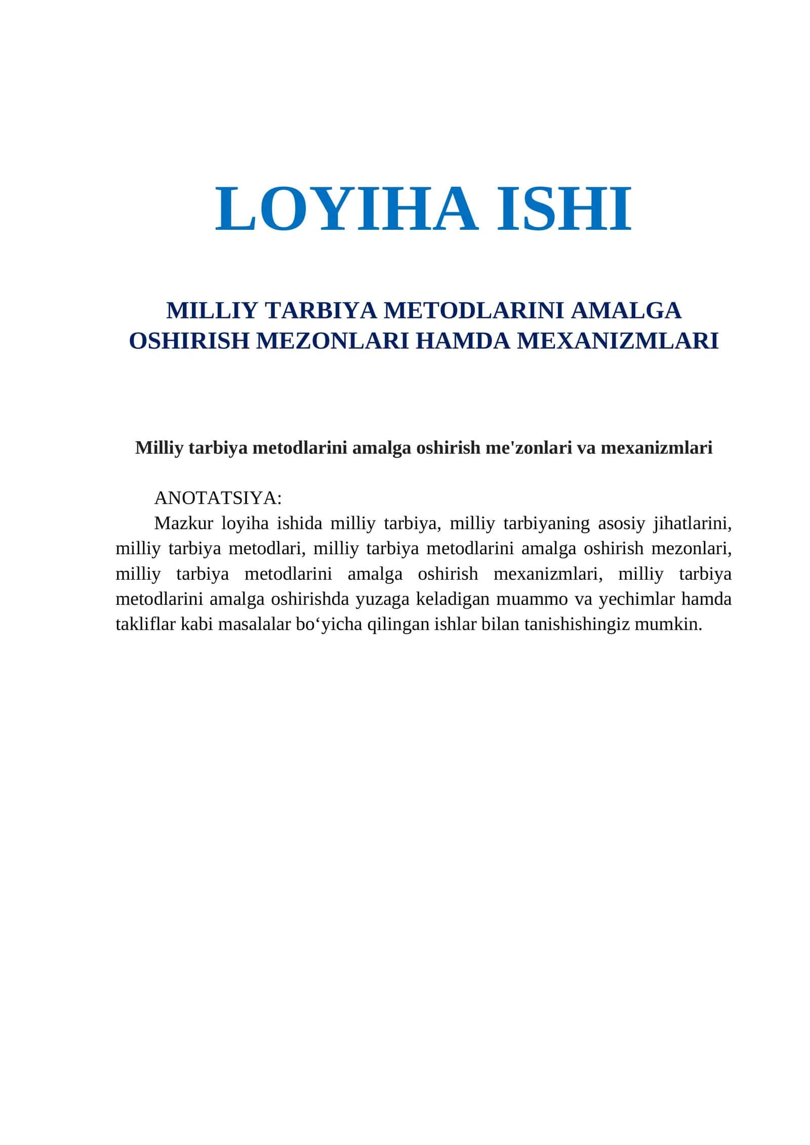 MILLIY TARBIYA METODLARINI AMALGA OSHIRISH MEZONLARI HAMDA MEXANIZMLARI