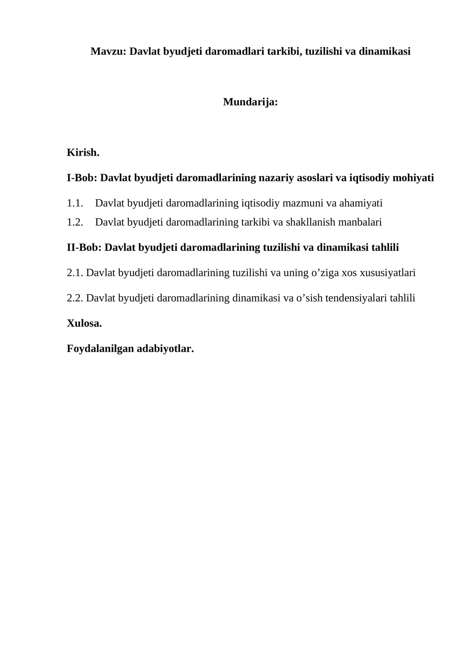 Davlat byudjeti daromadlari tarkibi, tuzilishi va dinamikasi
