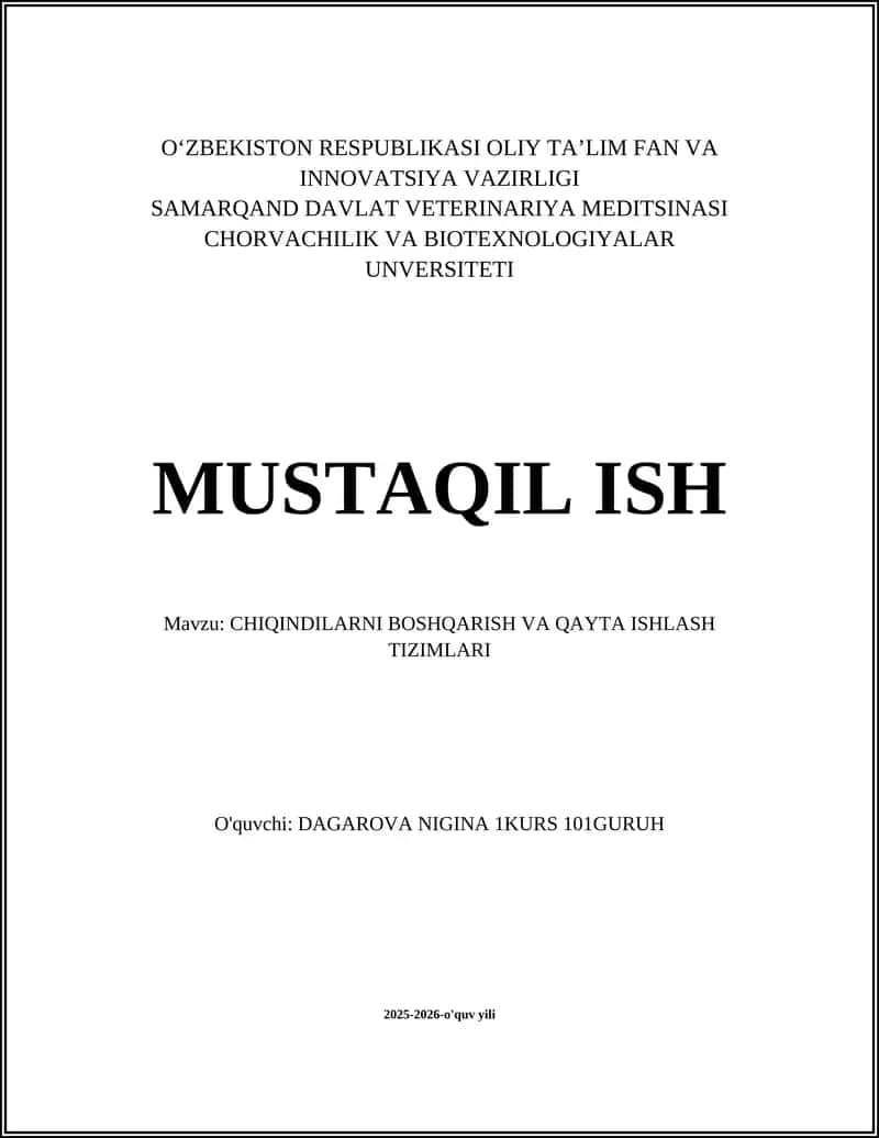 CHIQINDILARNI BOSHQARISH VA QAYTA ISHLASH TIZIMLARI