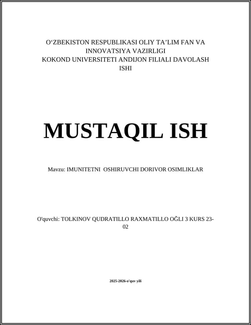 IMUNITETNI OSHIRUVCHI DORIVOR OSIMLIKLAR