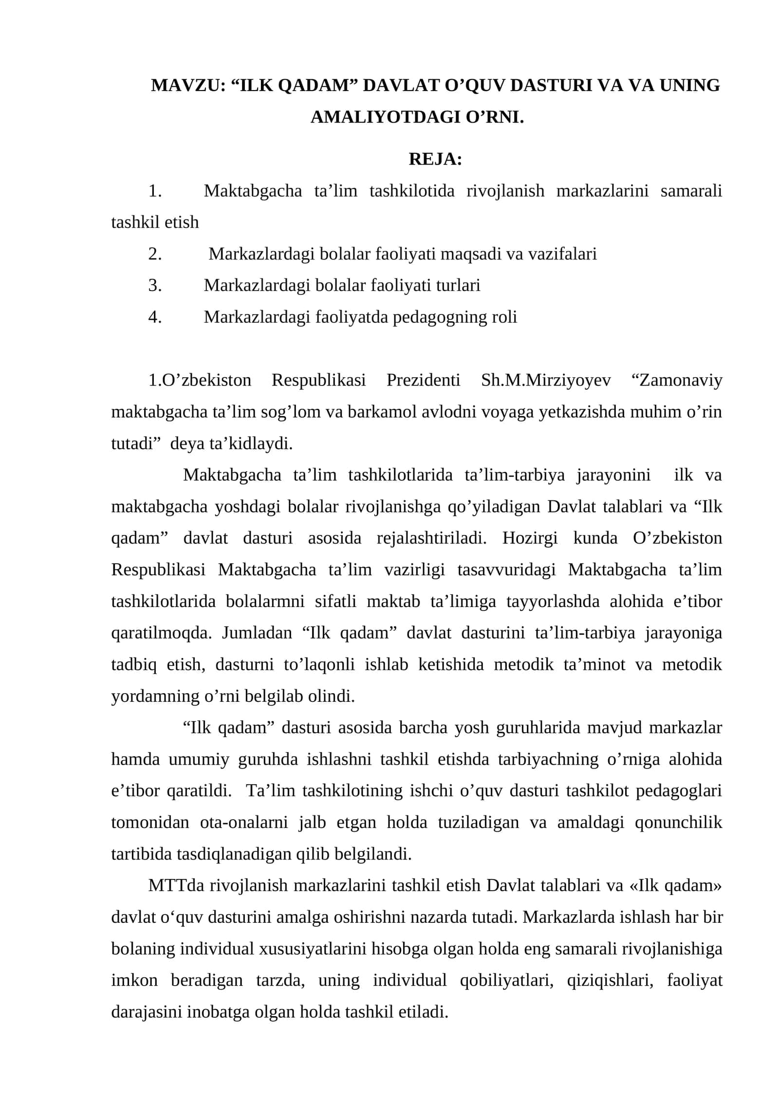 ILK QADAM DAVLAT O’QUV DASTURI