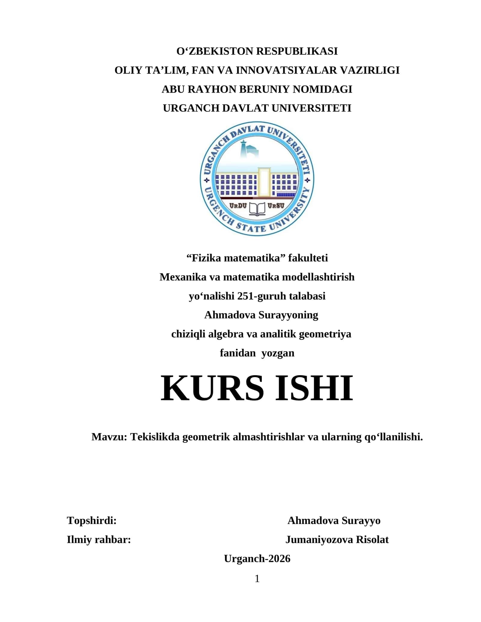 Tekislikda geometrik almashtirishlar va ularning qo‘llanilishi(KURS ISHI)
