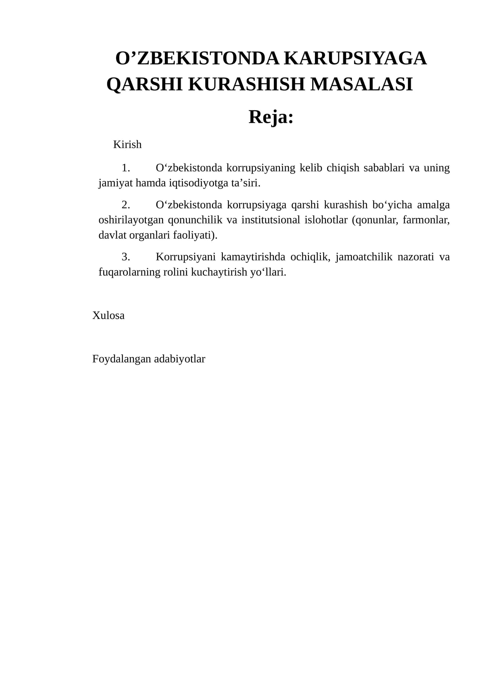 OʼZBEKISTONDA KARUPSIYAGA QARSHI KURASHISH MASALASI