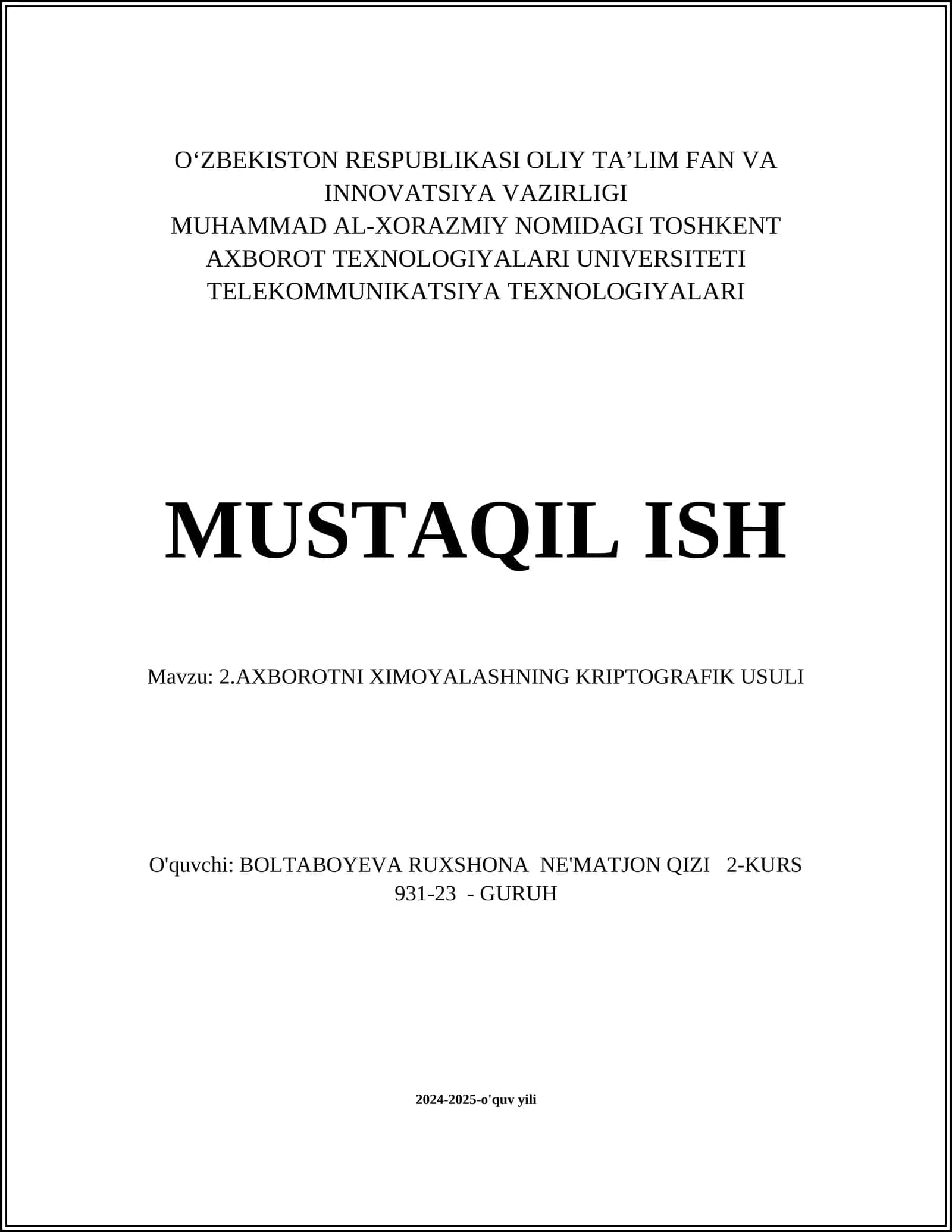 AXBOROTNI XIMOYALASHNING KRIPTOGRAFIK USULI