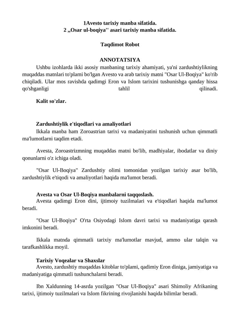 Avesto va "Osar Ul-Boqiya" manbalarini taqqoslash