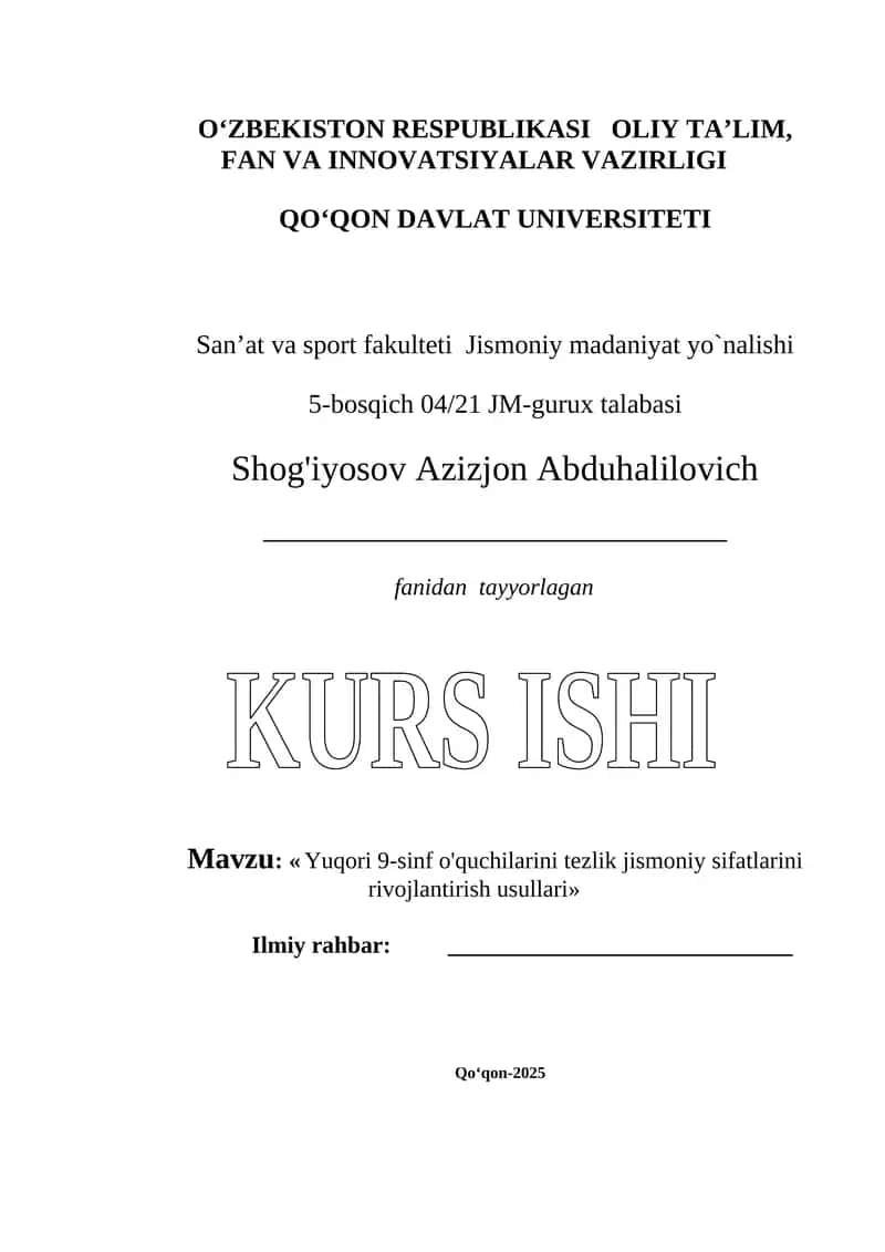 Yuqori 9-sinf o'quchilarini tezlik jismoniy sifatlarini rivojlantirish usullari