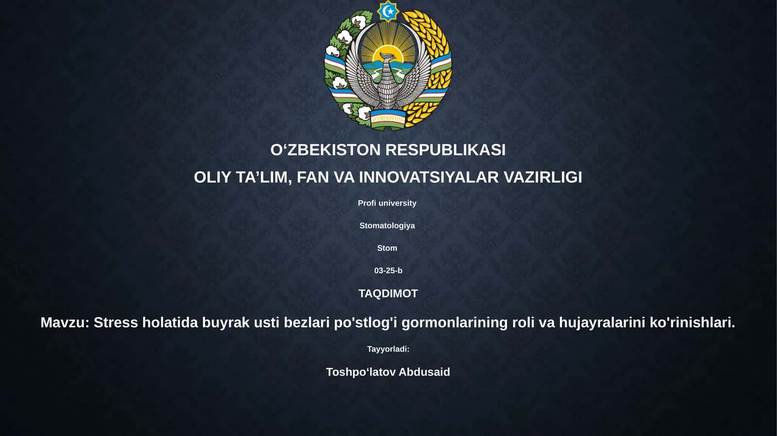 Stress holatida buyrak usti bezlari po'stlog'i gormonlarining roli va hujayralarini ko'rinishlari
