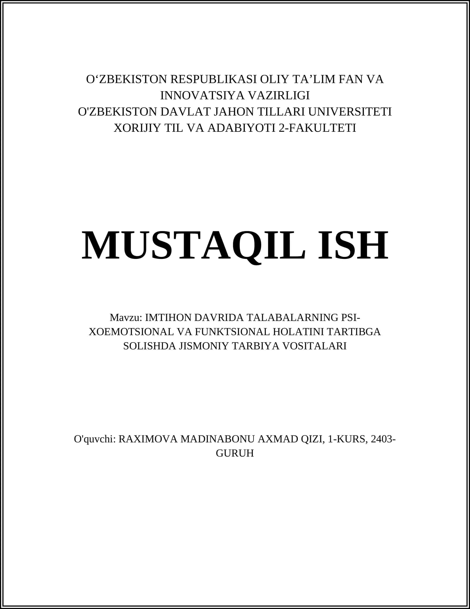 Talabalarning psi-xoemotsional va funksional holatini tartibga solishda jismoniy tarbiya vositalari