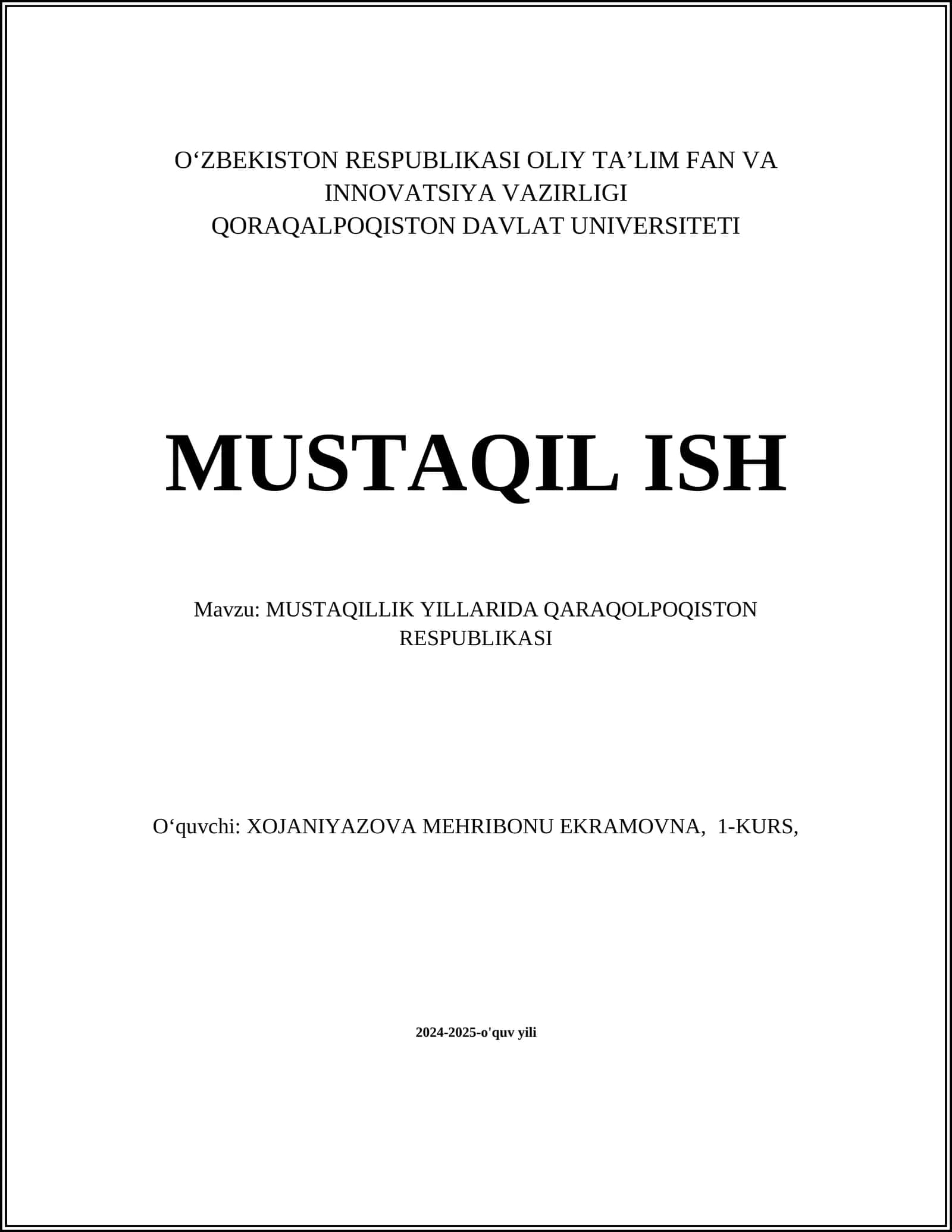 MUSTAQILLIK YILLARIDA QARAQOLPOQISTON RESPUBLIKASI