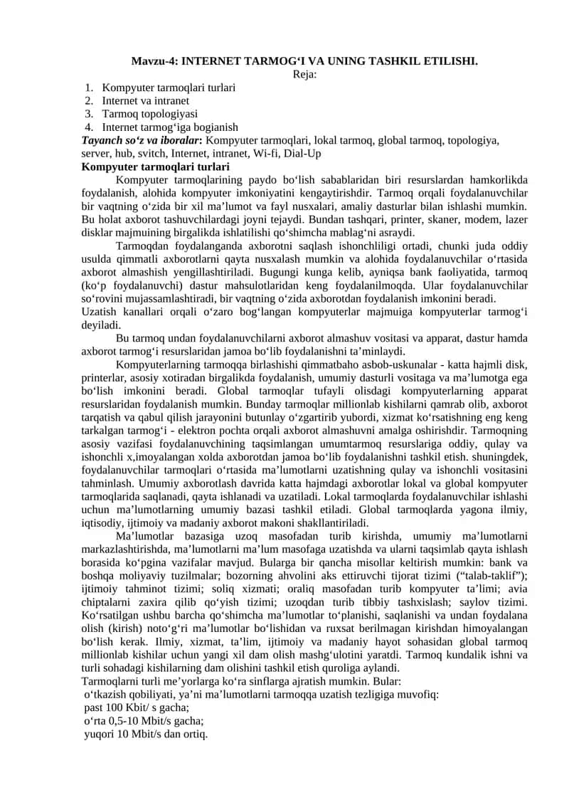 INTERNET TARMOG‘I VA UNING TASHKIL ETILISHI