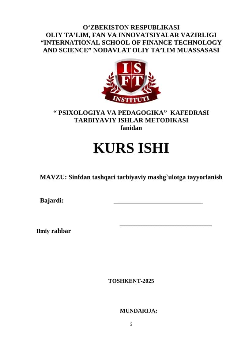 Sinfdan tashqari tarbiyaviy mashg`ulotga tayyorlanish