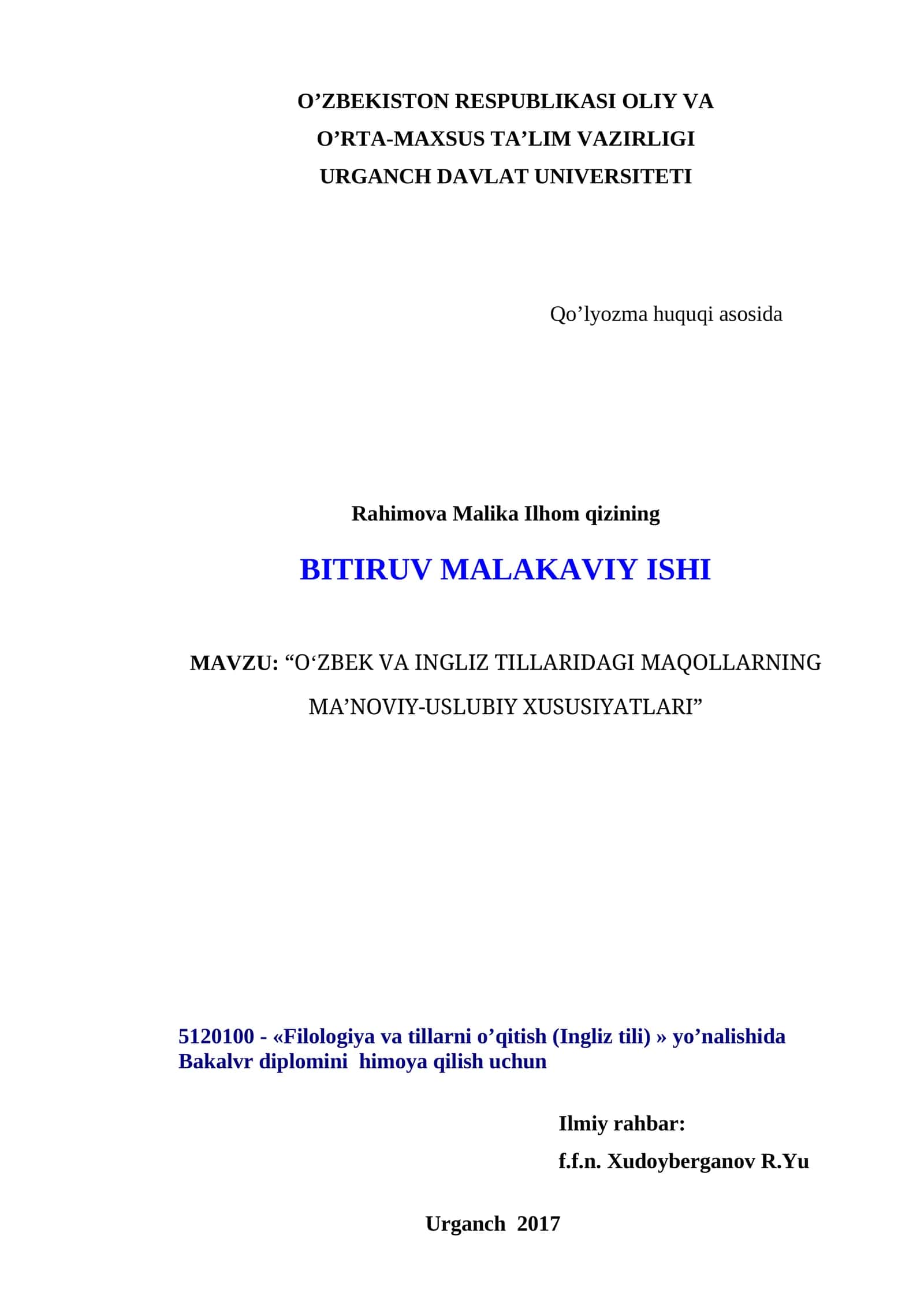 O‘ZBEK VA INGLIZ TILLARIDAGI MAQOLLARNING MA’NOVIY-USLUBIY XUSUSIYATLARI