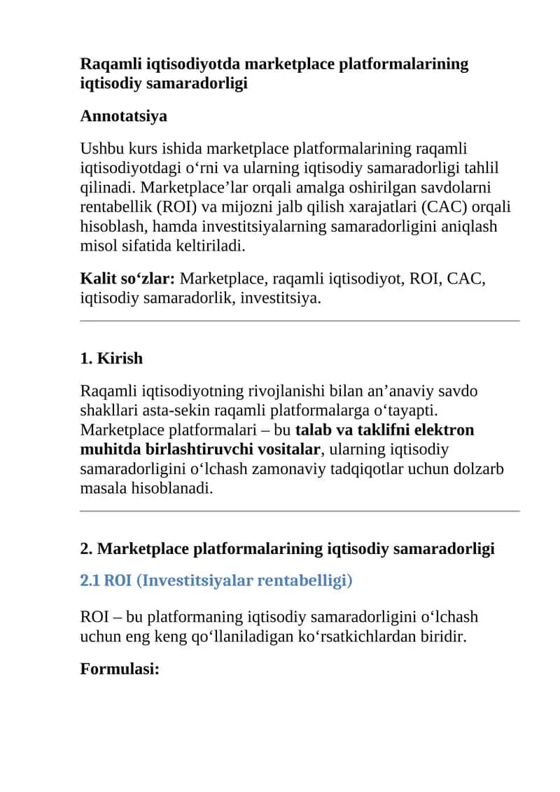Raqamli iqtisodiyotda marketplace platformalarining iqtisodiy samaradorligi