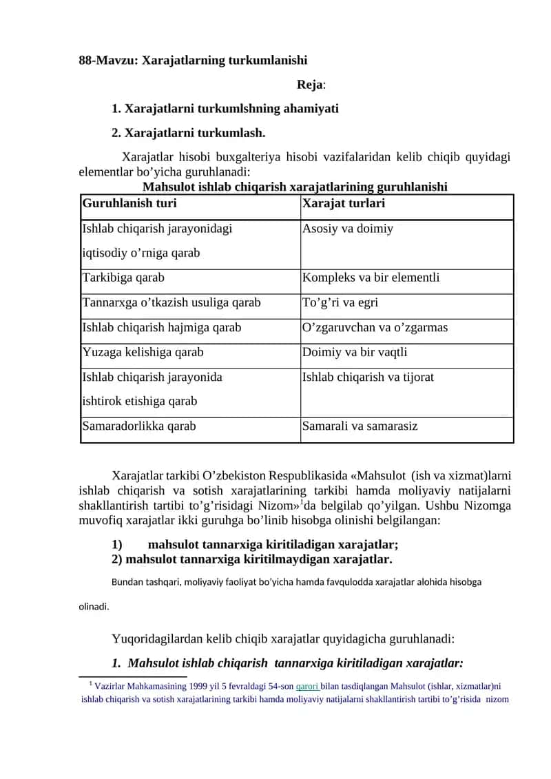 Xarajatlarning turkumlanishi