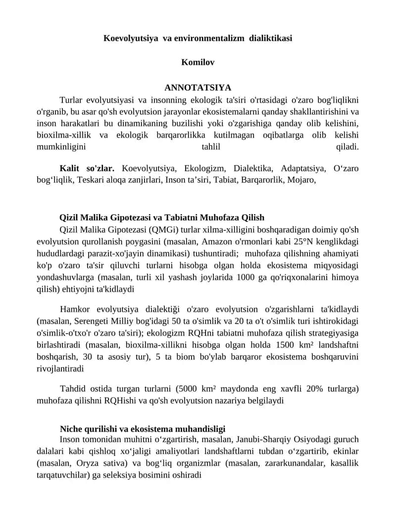 Koevolyutsiya va environmentalizm dialiktikasi