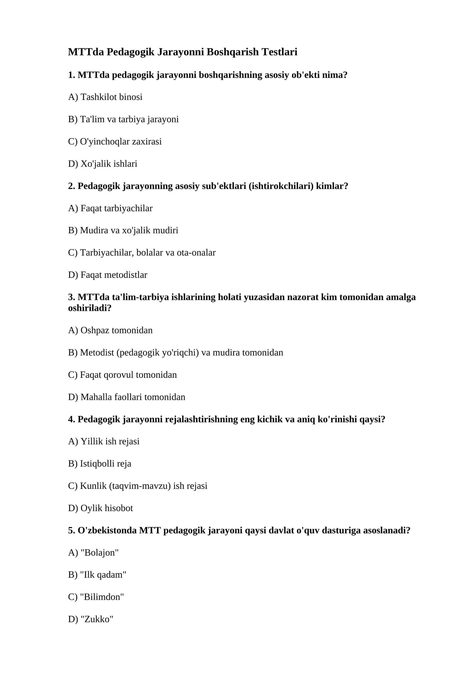 MTTda Pedagogik Jarayonni Boshqarish Testlari