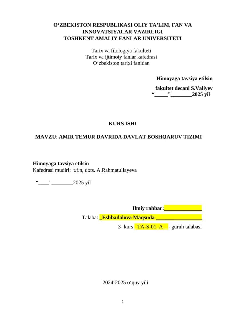 AMIR TEMUR DAVRIDA DAVLAT BOSHQARUV TIZIMI