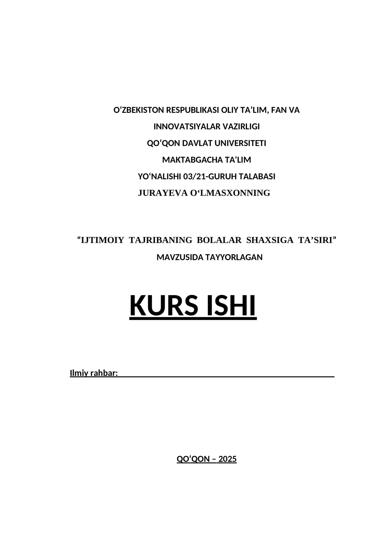 IJTIMOIY TAJRIBANING BOLALAR SHAXSIGA TA’SIRI