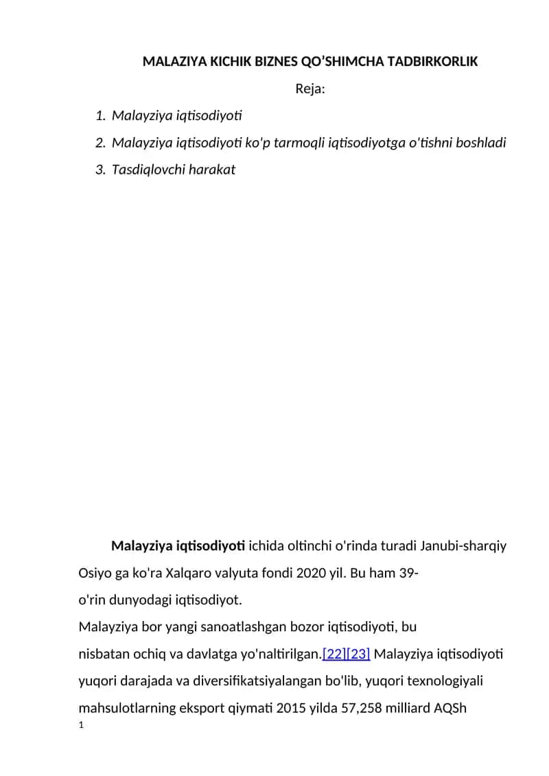 MALAZIYA KICHIK BIZNES QO’SHIMCHA TADBIRKORLIK