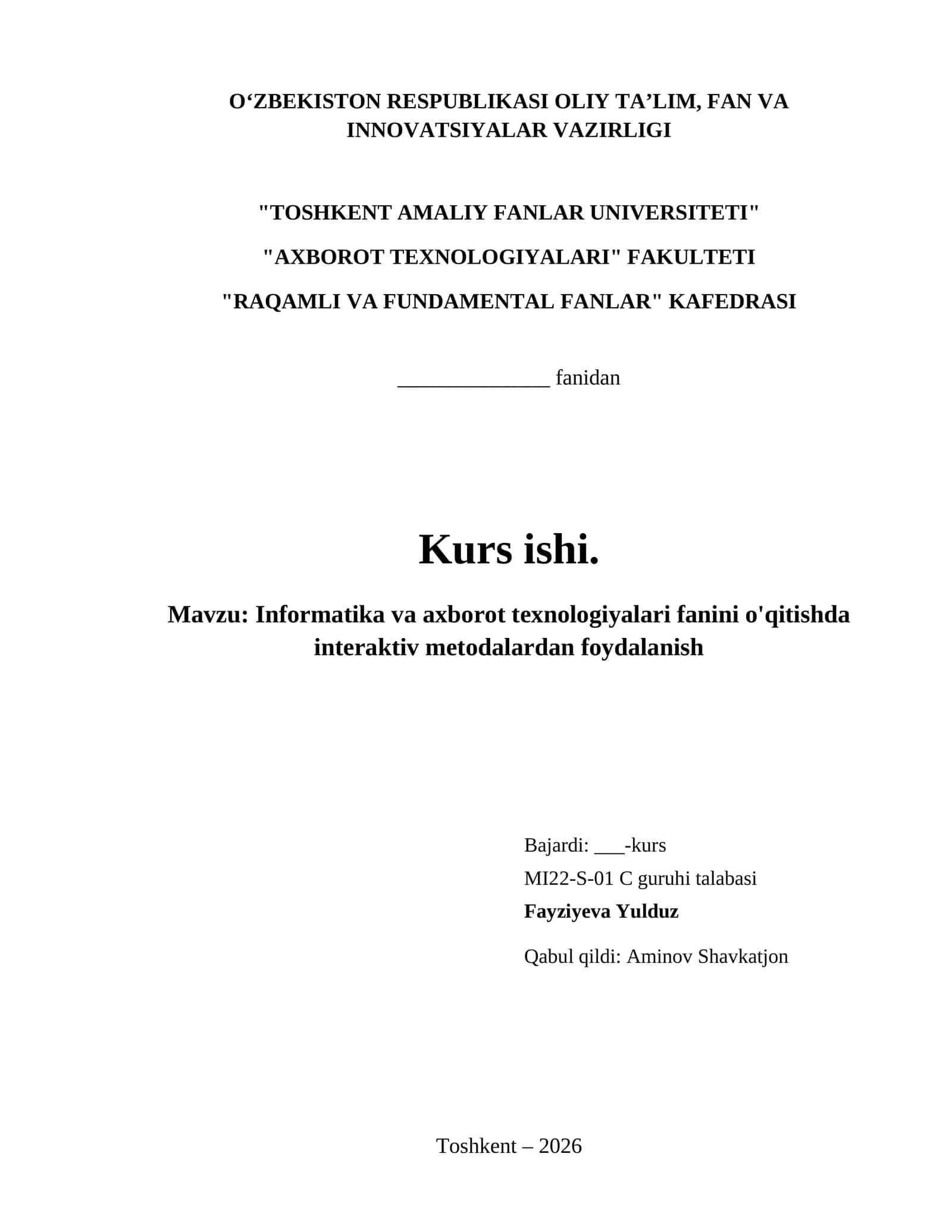 Informatika va axborot texnologiyalari fanini o'qitishda interaktiv metodalardan foydalanish