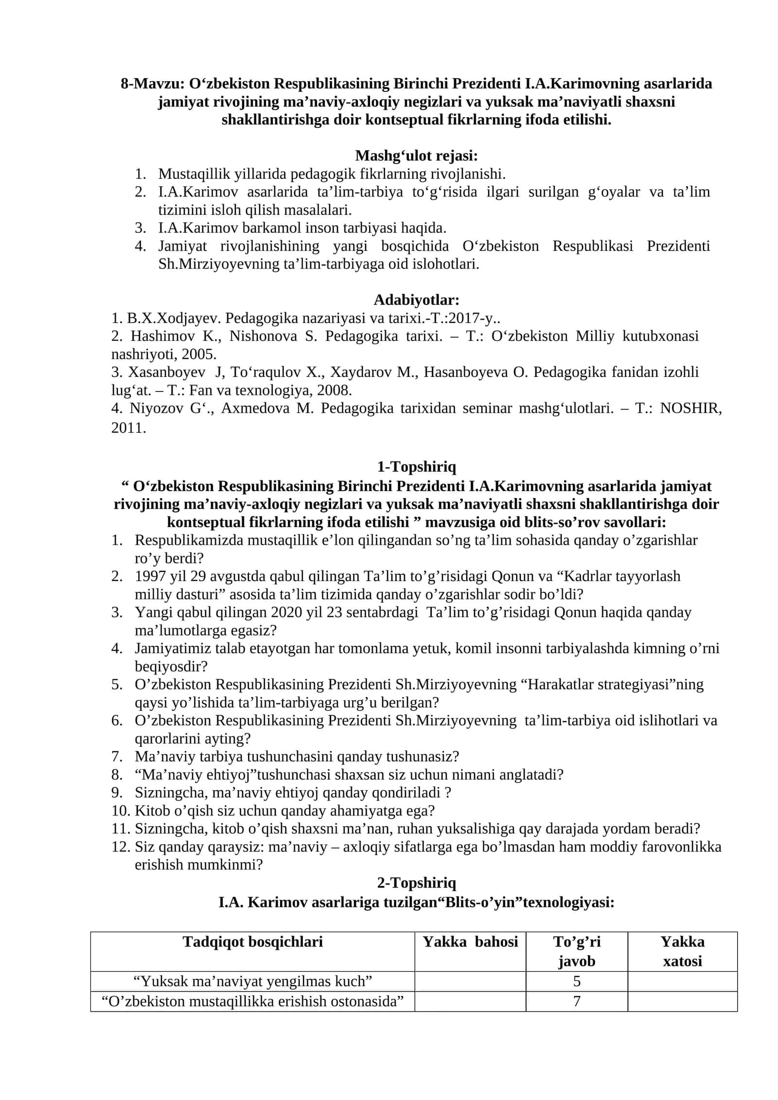 8-Mavzu: Oʻzbekiston Respublikasining Birinchi Prezidenti I.A.Karimovning asarlarida jamiyat rivojining maʼnaviy-axloqiy negizlari va yuksak maʼnaviyatli shaxsni shakllantirishga doir kontseptual fikrlarning ifoda etilishi