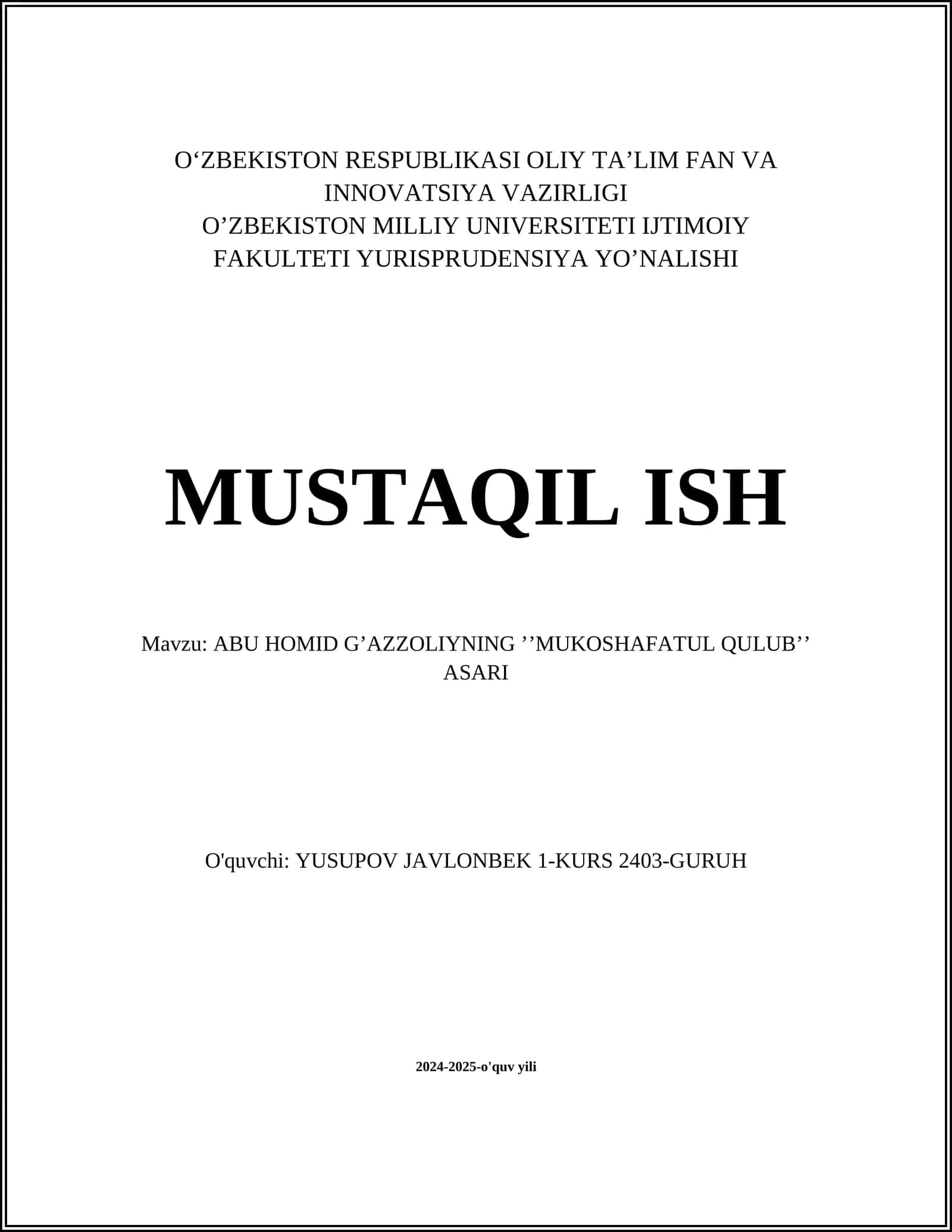 ABU HOMID G’AZZOLIYNING ’’MUKOSHAFATUL QULUB’’ ASARI