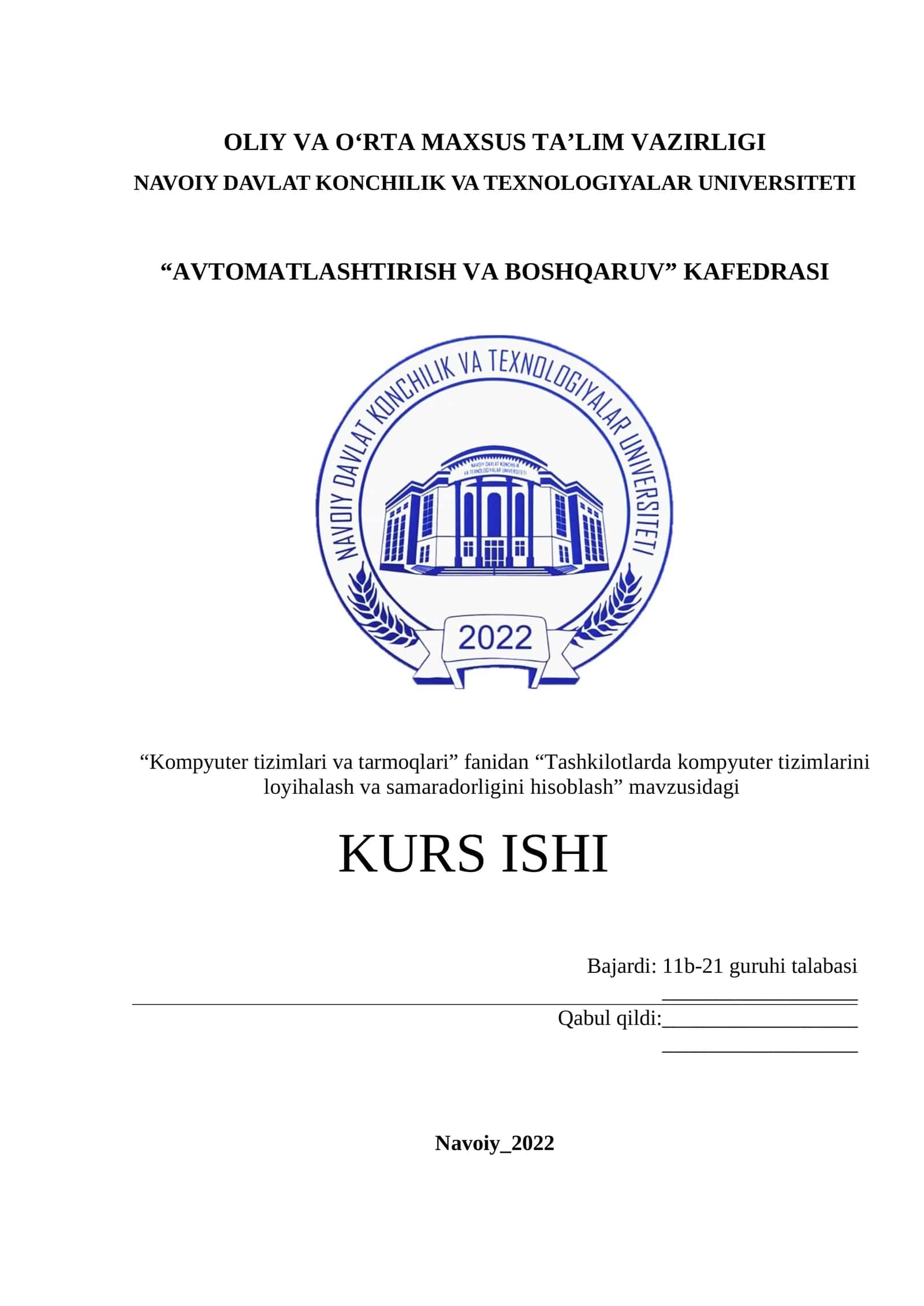 Kompyuter tizimlari va tarmoqlari KURS ISHI