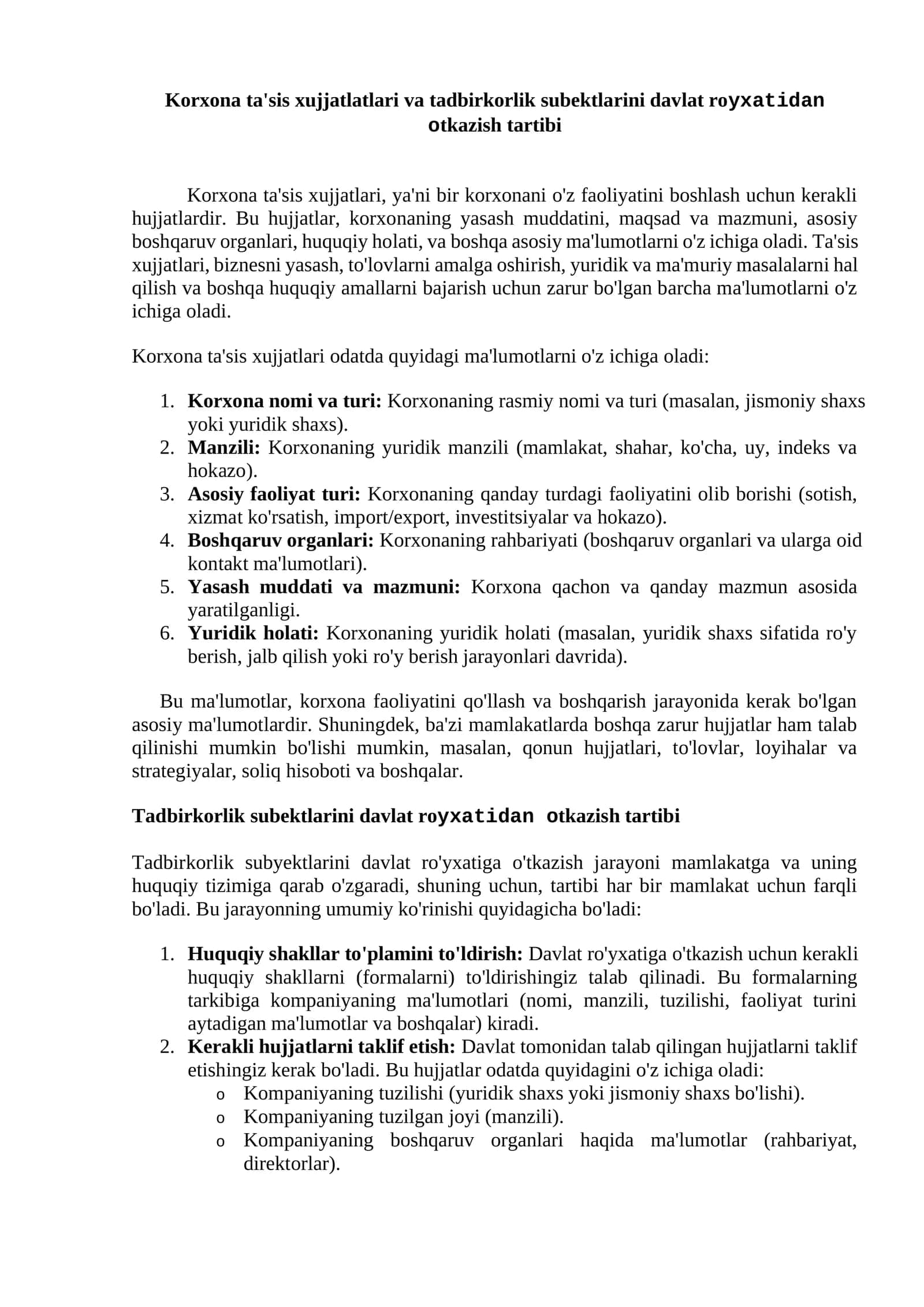 Korxona ta'sis xujjatlari va tadbirkorlik subektlarini davlat royxatidan otkazish tartibi
