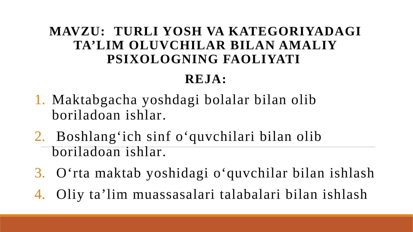 Turli yosh va kategoriyadagi ta’lim oluvchilar bilan amaliy psixologning faoliyati