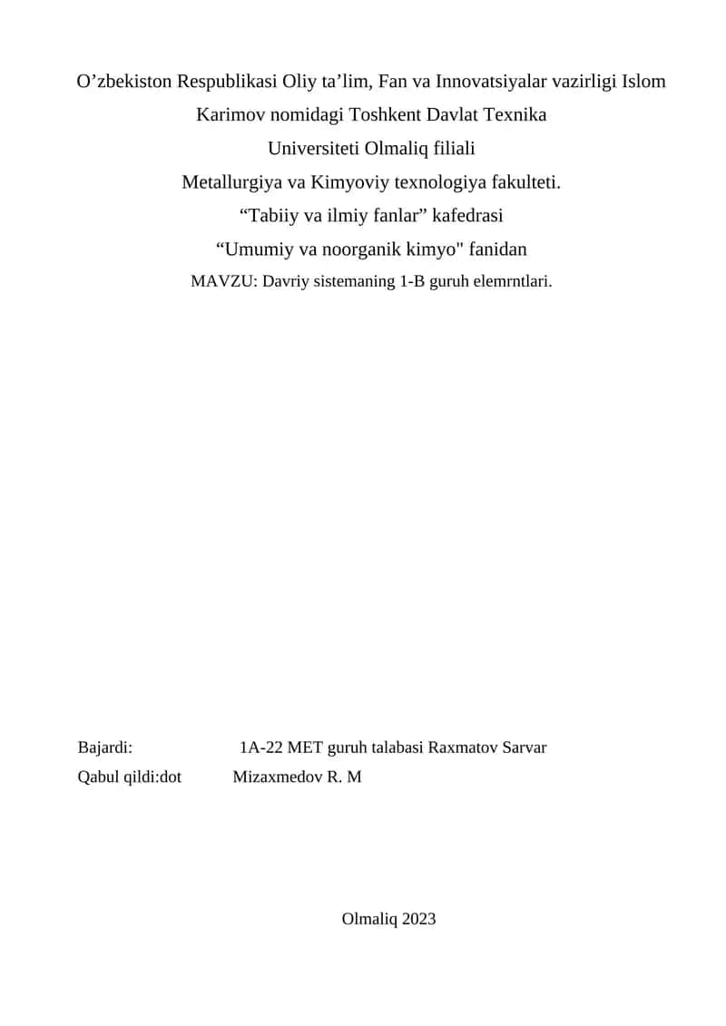 Davriy sistemaning I-b guruh elementlari