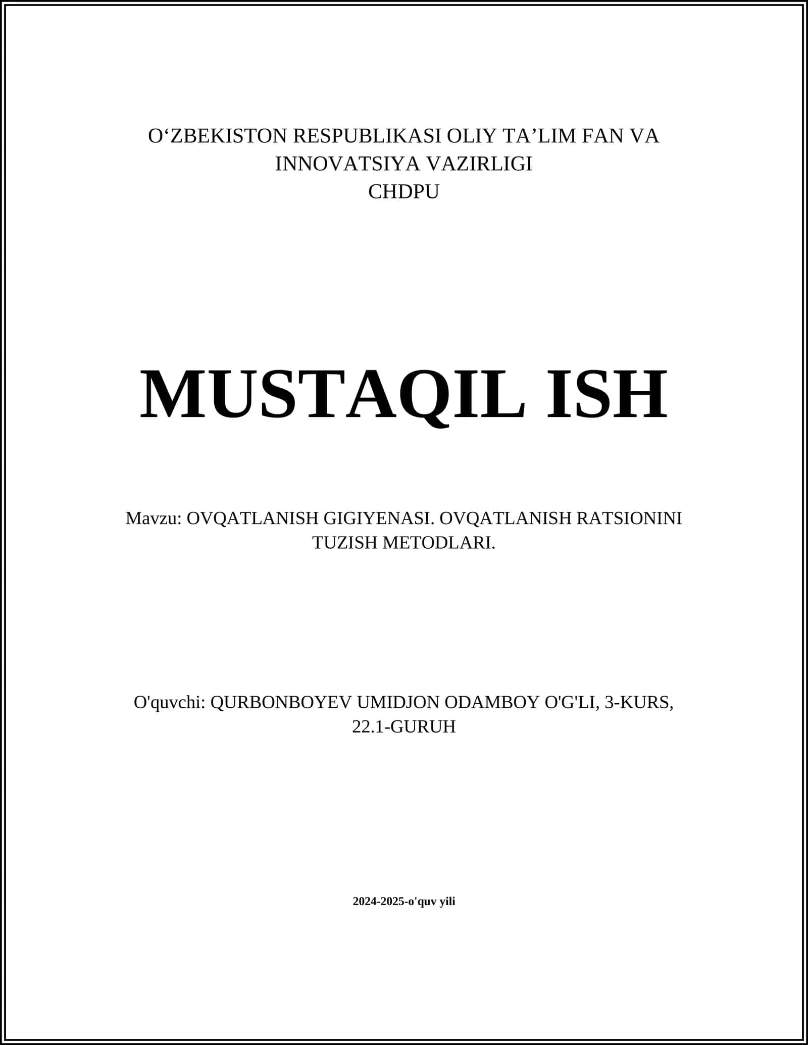 OVQATLANISH GIGIYENASI. OVQATLANISH RATSIONINI TUZISH METODLARI