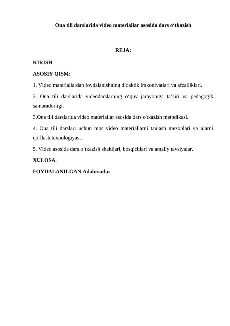 Ona tili darslarida video materiallar asosida dars oʻtkazish
