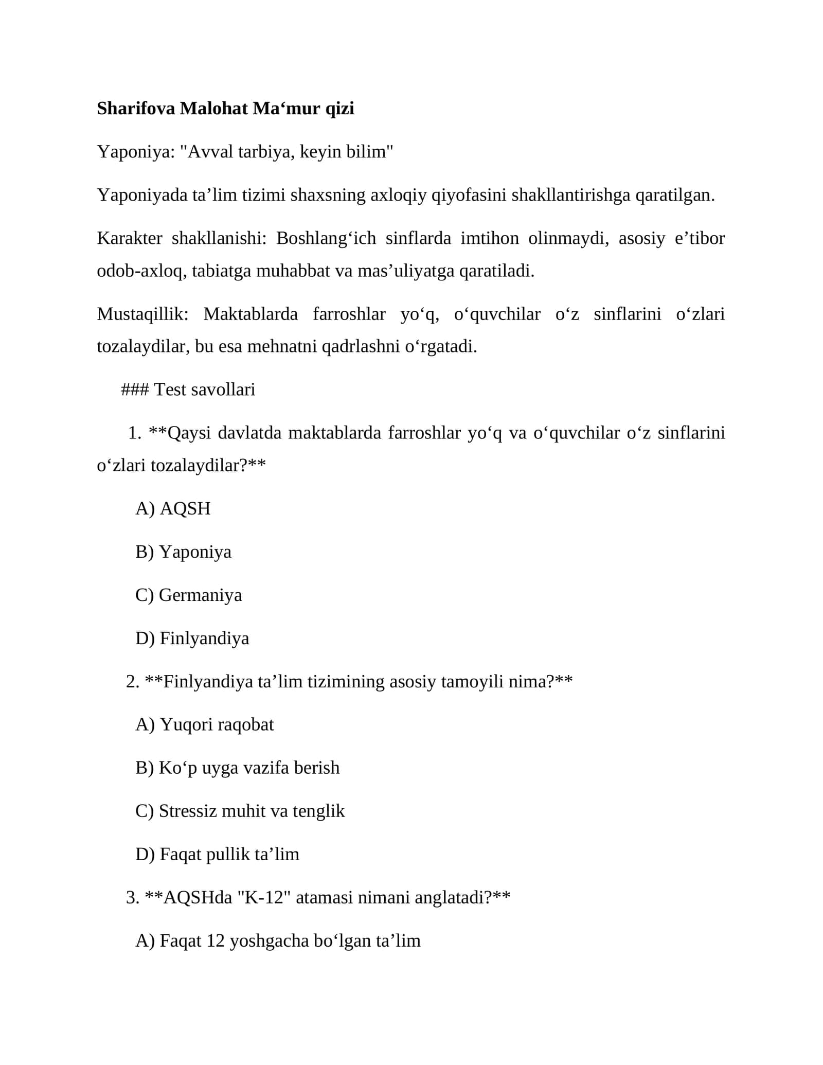 Yaponiya: "Avval tarbiya, keyin bilim"