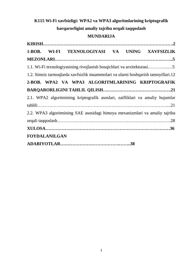 K115 Wi-Fi xavfsizligi WPA2 va WPA3 algoritmlarining kriptografik barqarorligini amaliy tajriba orqali taqqoslash