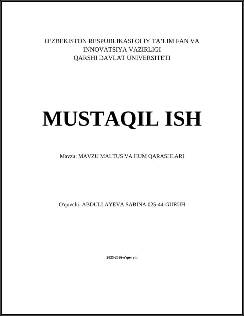 MAVZU MALTUS VA HUM QARASHLARI