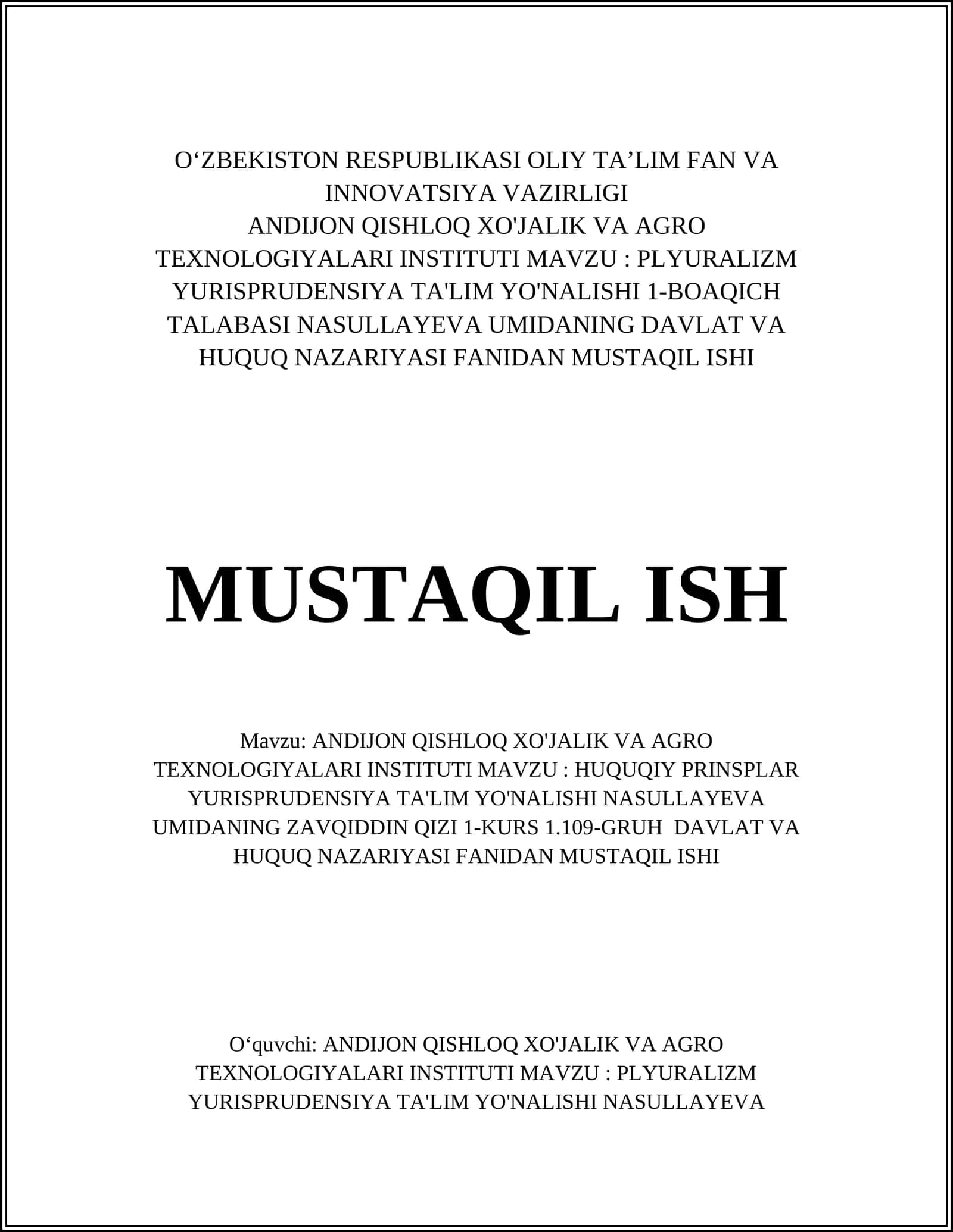 PLYURALIZM YURISPRUDENSIYA TA'LIM YO'NALISHI
