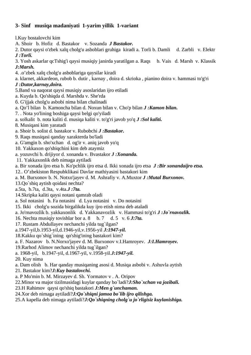 3- Sinf musiqa madaniyati 1-yarim yillik 1-variant