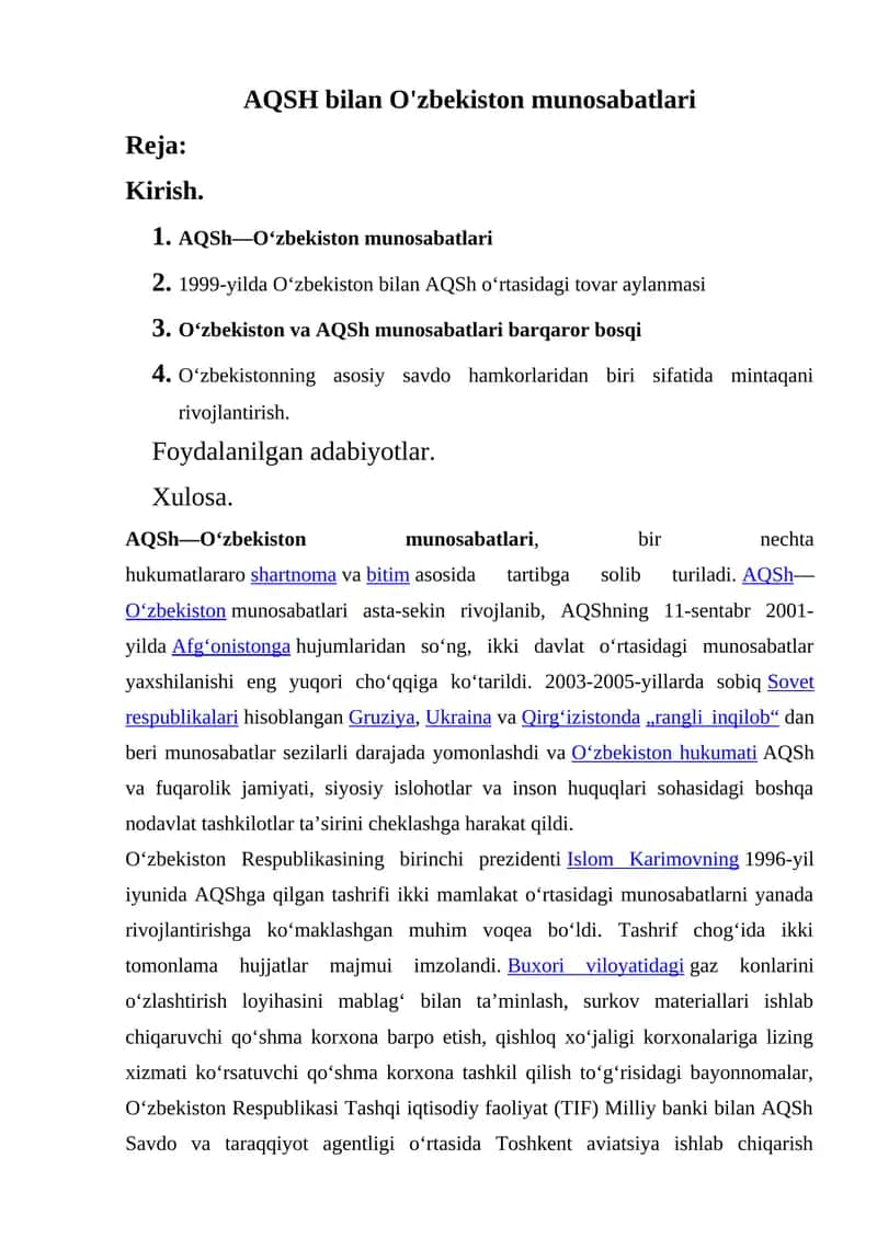 AQSH bilan O'zbekiston munosabatlari